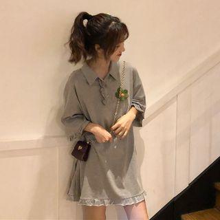 3/4-sleeve Frill Trim Flower Detail Mini Polo Dress
