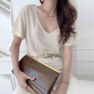V Neck Over-sized Plain Short Sleeve T-shirt