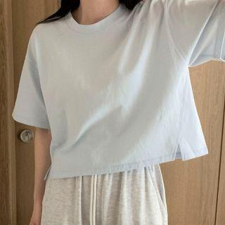 Short-sleeve Plain T-shirt Light Blue - One Size