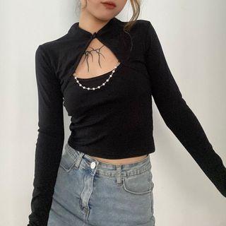 Long-sleeve Cut-out Faux Pearl Strap Top