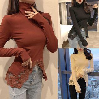 Lace Trim Turtleneck Long-sleeve T-shirt