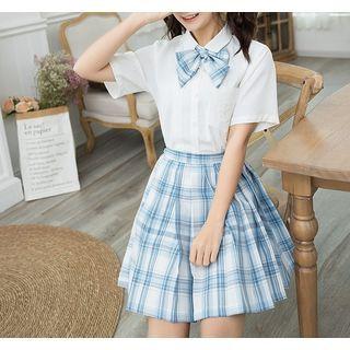 Set: Short-sleeve Shirt + Plaid Bow Tie + Pleated Mini Skirt