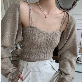 Set: Faux Pearl Strap Knit Camisole Top + Cropped Open-front Cardigan