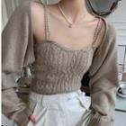 Set: Faux Pearl Strap Knit Camisole Top + Cropped Open-front Cardigan