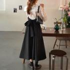 Bow Suspender Midi A-line Skirt / Plain Collared Blouse