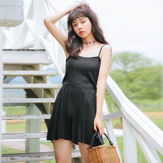 Set: Knit Spaghetti Strap Top + Wide-leg Shorts