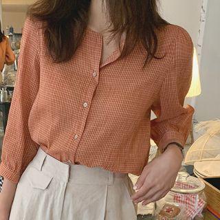 Round-neck Balloon-sleeve Plaid Blouse