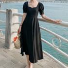 Puff Sleeve Sweetheart Neckline Midi Cocktail Dress