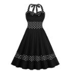 Halter-neck Dotted Trim Midi A-line Dress