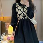 Long-sleeve Butterfly Print Knit Panel Corduroy Midi Dress