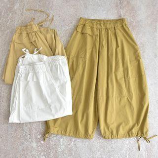 High-waist Plain Drawstring Wide-leg Pants