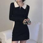 V-neck Lapel Contrast Bodycon Knit Dress Black - One Size