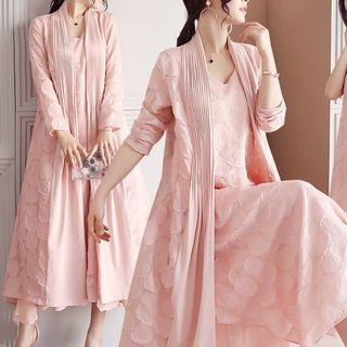 Set: Flower Applique Long Coat + Sleeveless Midi Dress