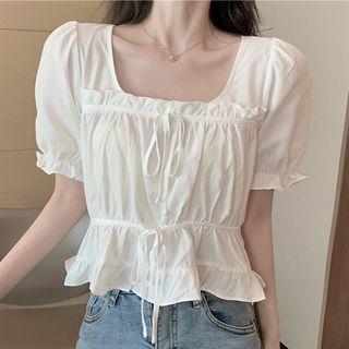 Short-sleeve Ruffled Drawstring Blouse As Shown In Figure - One Size