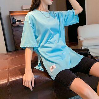 Elbow-sleeve Slit T-shirt Sky Blue - M