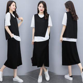 Set: Short Sleeve Plain T-shirt + V-neck Asymmetrical Hem Vest + Slit Pencil Skirt