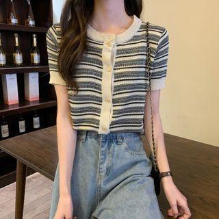 Short-sleeve Striped Cardigan White - One Size