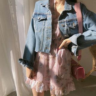 Frayed Crop Denim Jacket Blue - One Size
