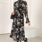 Long-sleeve Floral Print Midi A-line Pleated Dress Black - One Size