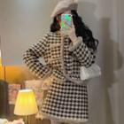 Fluffy Trim Houndstooth Jacket / Mini Skirt