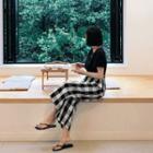 Set: Round-neck Cuff-sleeve Top + Band-waist Gingham Pants