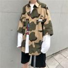 Elbow-sleeve Camo Print Shirt Camouflage - Khaki & Green - One Size