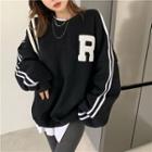 Round-neck Lettering Oversized Pullover Black - One Size
