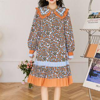 Long-sleeve Floral Printed Pleated Hem Midi Dress