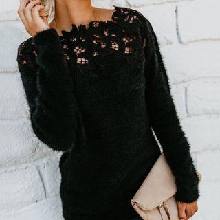 Long-sleeve Lace Panel Fluffy Knit Top