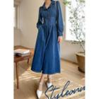 Open-placket Shirred Long Denim Dress Blue - One Size