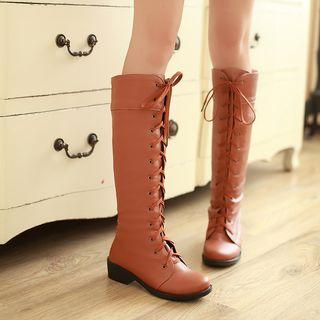 Chunky Heel Lace Up Tall Boots