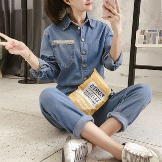 Long-sleeve Buttoned Denim Jumpsuit