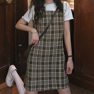 Short-sleeve Lettuce Edge T-shirt / Spaghetti-strap Plaid Dress