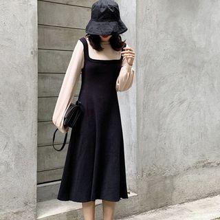 Mock Two-piece Long-sleeve A-line Midi Dress Black - One Size