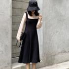 Mock Two-piece Long-sleeve A-line Midi Dress Black - One Size