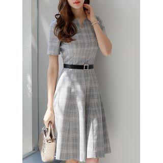 Rhinestone-belted Midi Plaid Dress