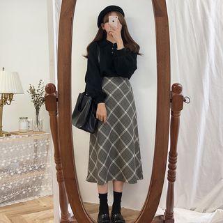 Collared Lantern-sleeve Sweater / Plaid A-line Skirt / Midi Jumper Dress