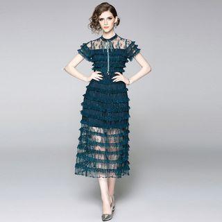 Short-sleeve Ruffled Midi A-line Cocktail Dress