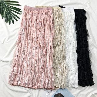 Mesh-overlay Velvet Midi Skirt
