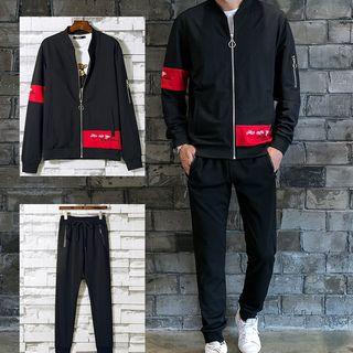 Set: Two-tone Lettering Zip Jacket + Sweatpants