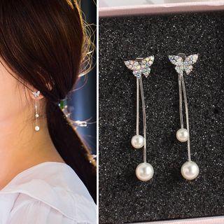 Faux Pearl Rhinestone Butterfly Drop Earring / Clip-on Earring