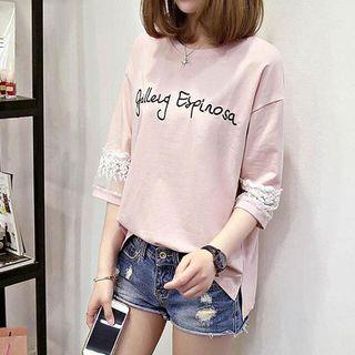 Letter Lace Panel 3/4-sleeve T-shirt