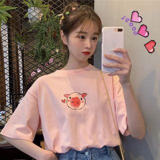 Pig Printed Elbow-sleeve T-shirt