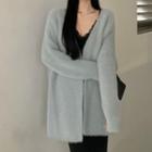 Open-front Fluffy Cardigan / Lace Camisole / Knit Midi Pencil Skirt