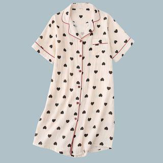 Short-sleeve Heart Print Button-up Sleep Dress