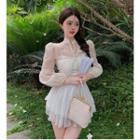 Long-sleeve Frog-button Sheer Top White - One Size