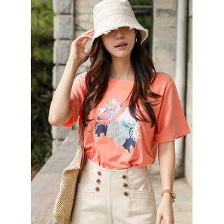 Rhinestone Printed T-shirt Orange - One Size