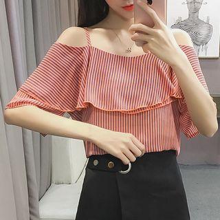 Striped Short-sleeve Cold Shoulder Chiffon Top
