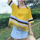 Striped Fringed 3/4 Sleeve Cropped T-shirt