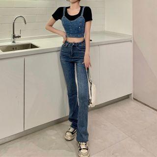 Short-sleeve Plain T-shirt / Lace-up Denim Camisole Top / Straight Leg Jeans